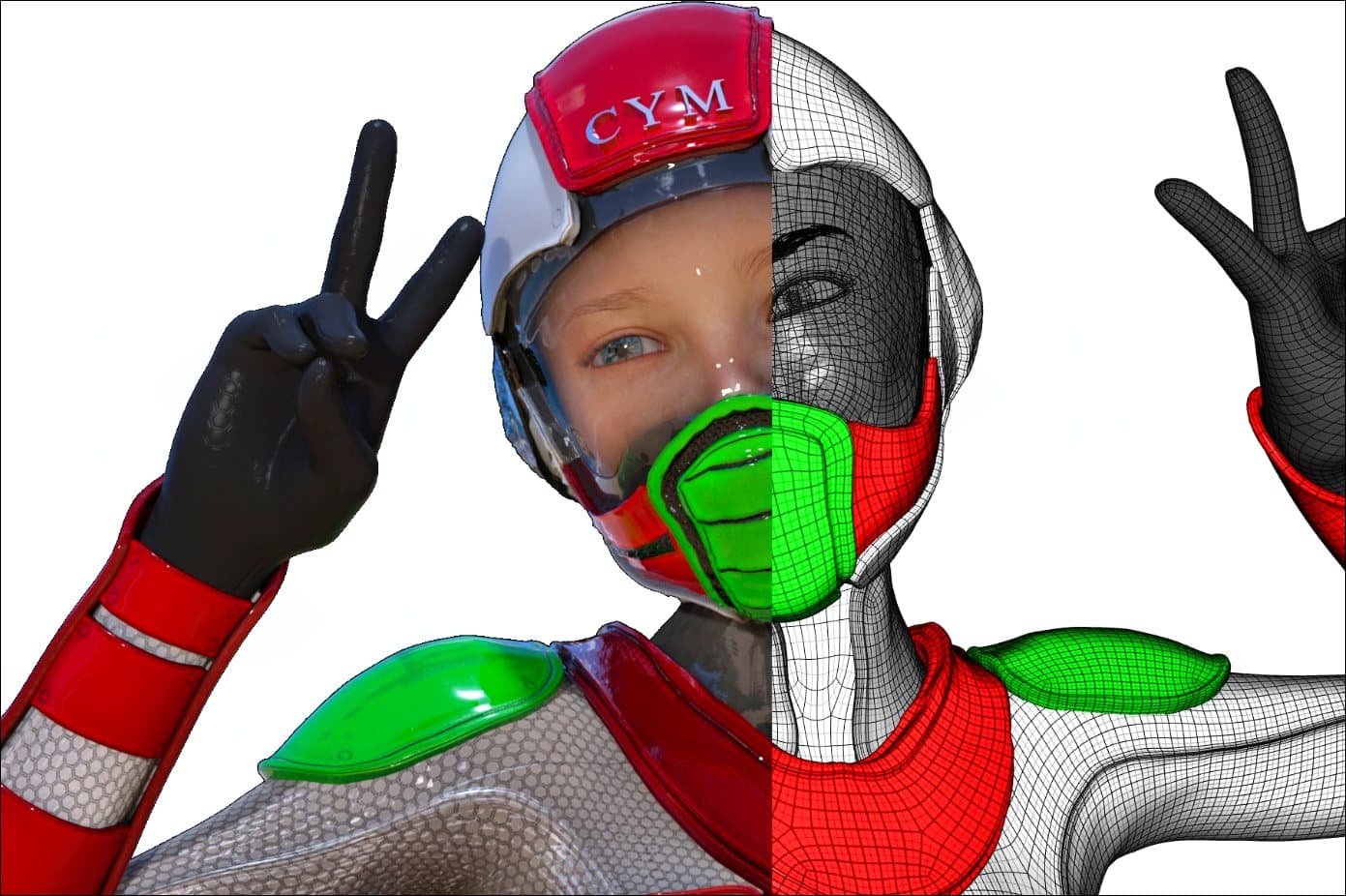 A student project shown half as a wireframe and half as the finished render